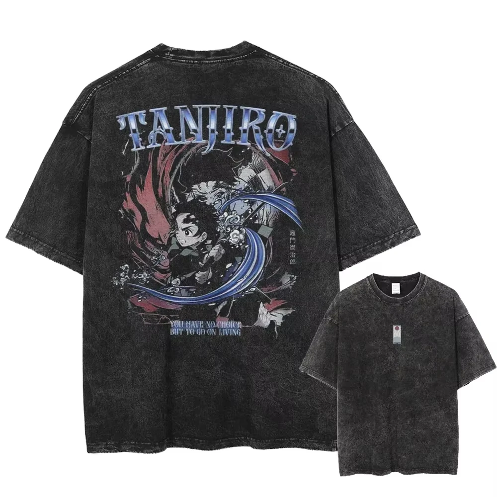 

2025 Vintage Washed Tshirts Anime Demon Slayer T Shirt for Men Harajuku Tee Cotton Fashion Streetwear Unisex Tops