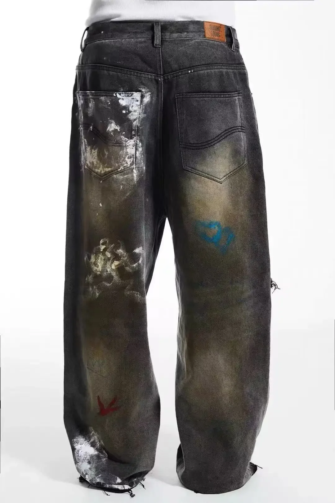 Jeans SSSAINT LOUIS de alta qualidade lavados e desgastados homens mulheres estilo graffiti vintage solto respingos jeans