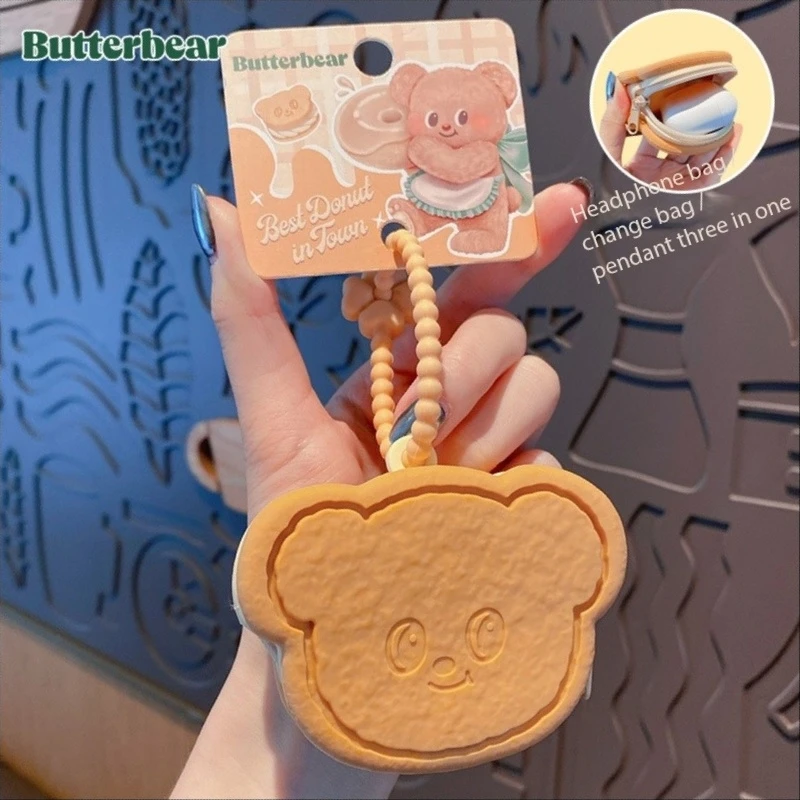 Cute Butter Bear Cookie Silicone Coin Purse Keychain Women\'s Gift Delicate Earphone Bag Storage Bag Pink Bear Animal Key Chain