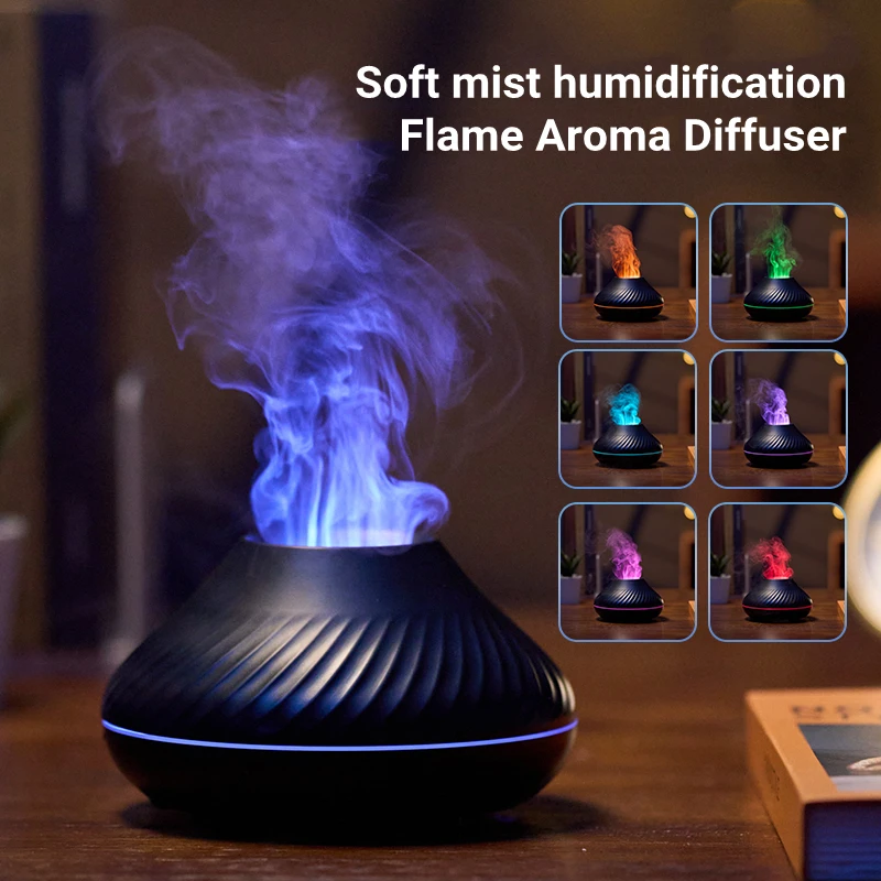 Volcano Aromatherapy Diffuser USB Electric Ultrasonic Cool Mist Air Humidifier with 7 Color Flame Light Essential Oil Diffuser