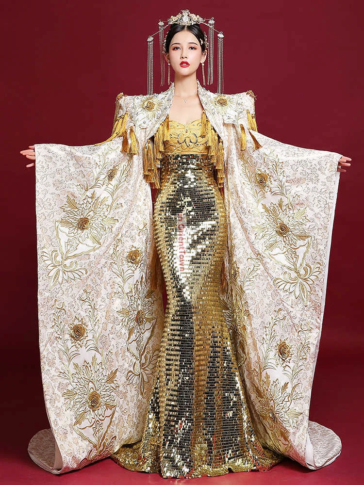 Europe Catwalk Elegant Costume Stage Performance Gold Attire Western Countries Sexy Female Host Fantastic Long Dress Women TP082