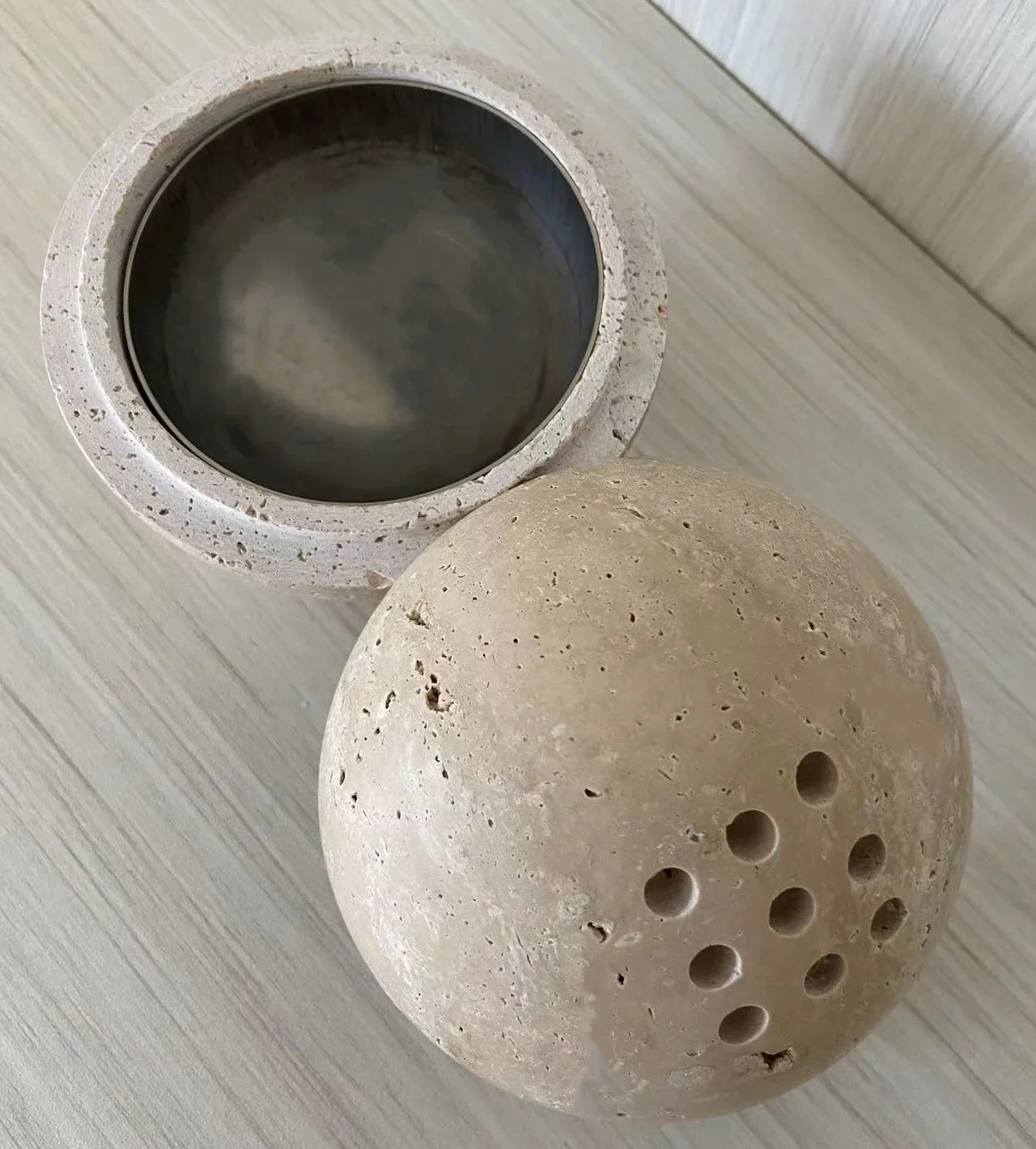 Travertine Stone Incense Burner Aromatherapy Ball with Stainless Steel Bowl and Copper Gourd Incense Coil Plinth Base