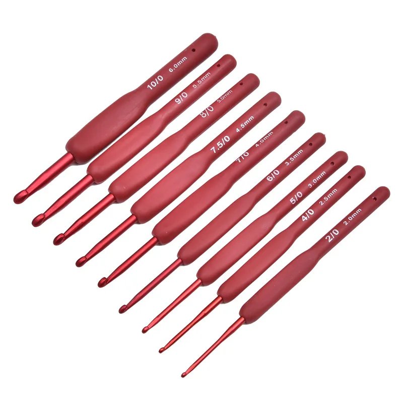 9-teiliges rotes Aluminium-Häkelnadel-Set mit Silikon-Anti-Rutsch-Griffen, Premium-Werkzeuge zum Stricken und Weben – Komplettes Nadelset
