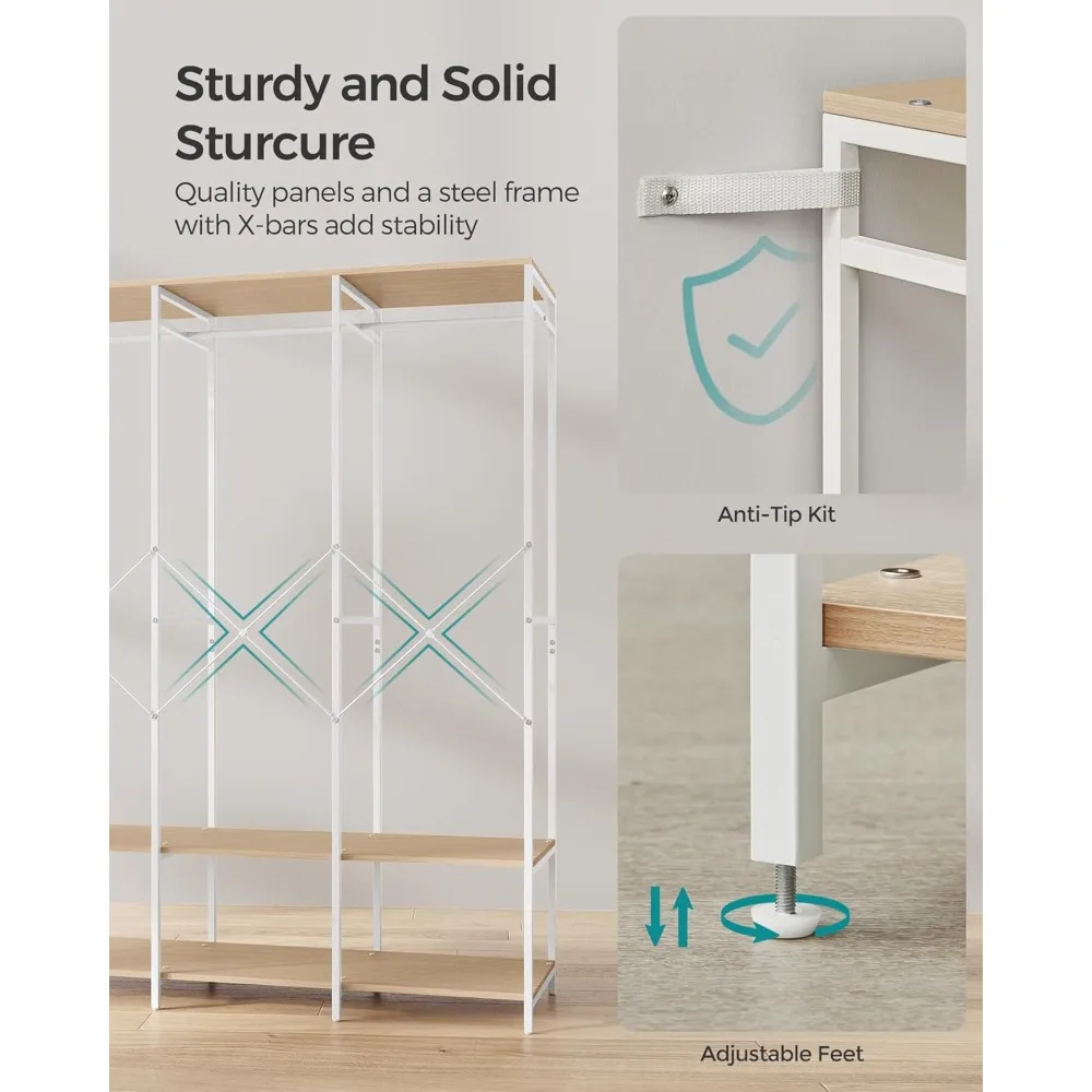 رف ملابس من الحديد والخشب عالي التحمل مع قضبان تعليق ومنظم أرفف خزانة قابل للإزالة لتخزين خزانة الملابس