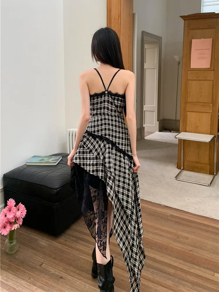 Retro Black And White Plaid Suspender Dress For Women With Summer Lace Patchwork Irregular Slim Fit Dress