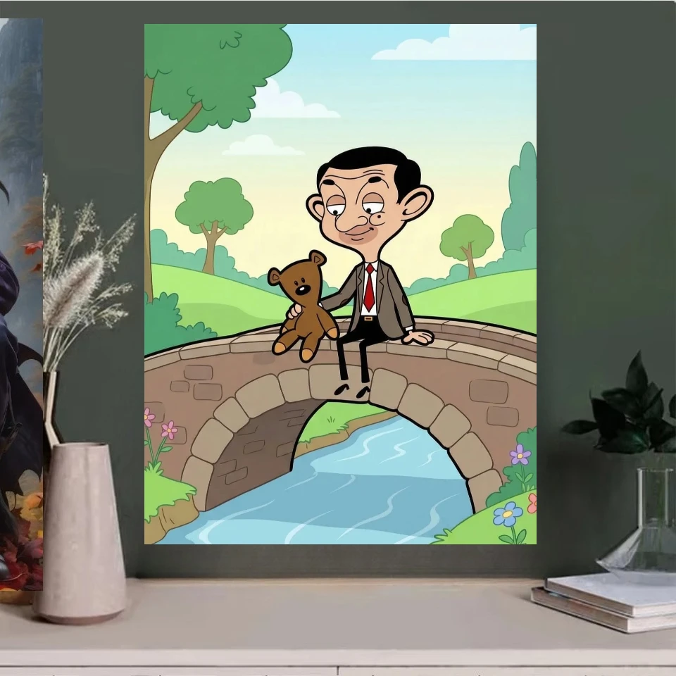 Oil Painting By Numbers Cartoon Man Sitting On Stone Bridge With Bear DIY Artwork For Bedroom Wall Decor Aesthetic Room