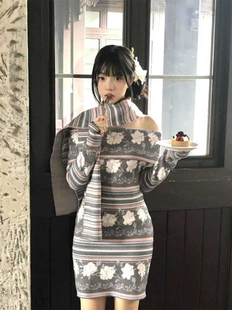 Knitted Vintage Jacquard Y2k Sweater Dress Women Slash Neck Slim Off Shoulder Dresses + Scarf 2 Set Aesthetic Mini Vestidos Cute