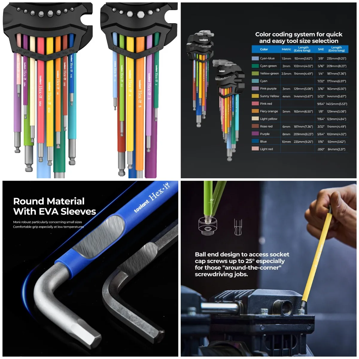

22pcs Allen Wrench Set Metric & SAE, Extra Long Ball End Hex Key with Color Coded Sleeves and Patented Holder
