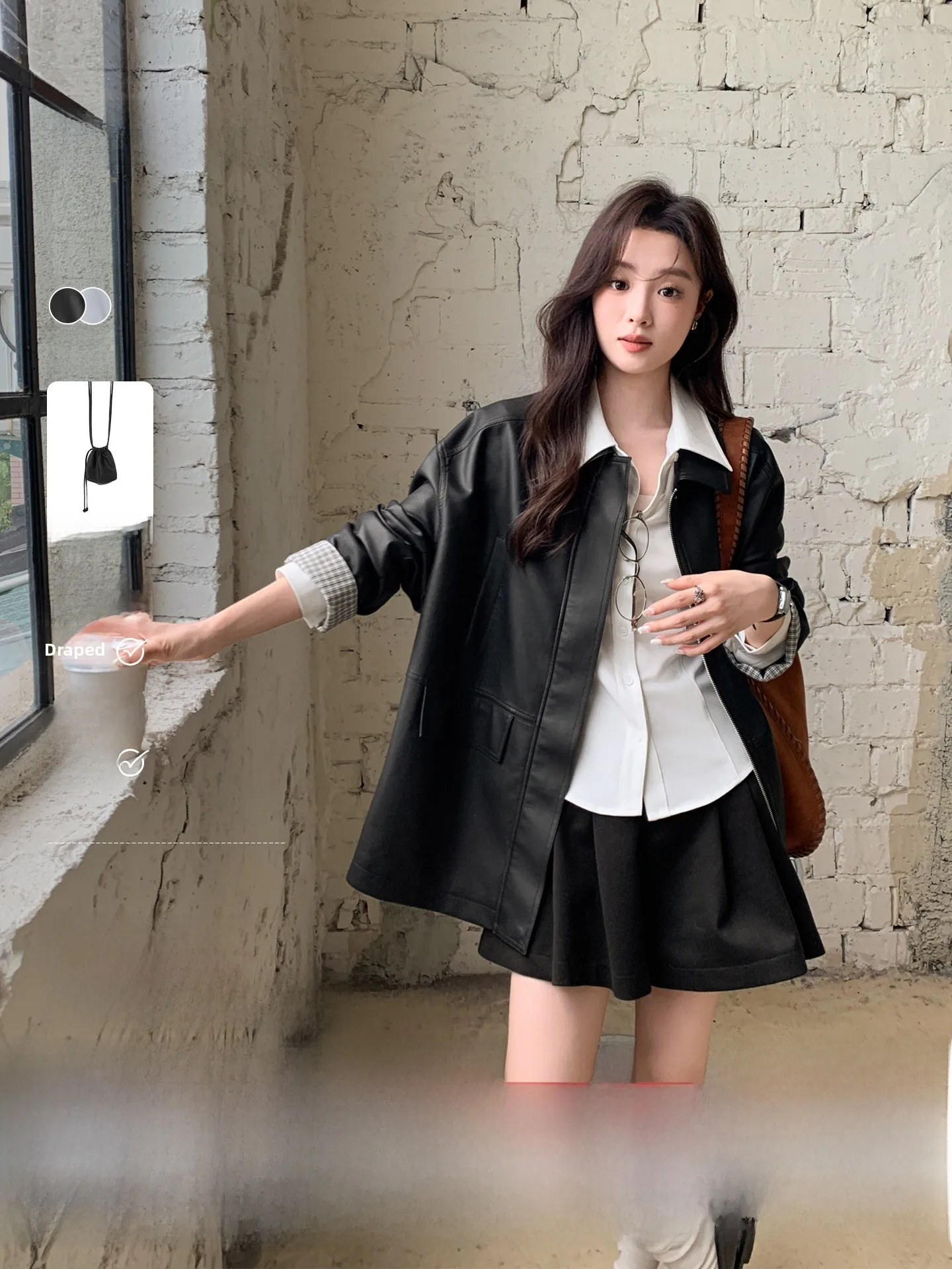 Loose Women's Leather Jaet Autumn New Sle Korean Version Plaid Splicing Sve Cap Waterproof ort Outerwear Coat