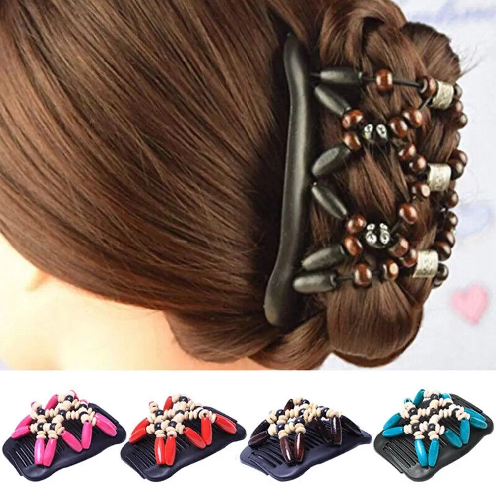 Double Row Comb Women's Magic Wood Beads Hair Comb Double Slide Stretch Hair Clip Hairpin Hairbrush