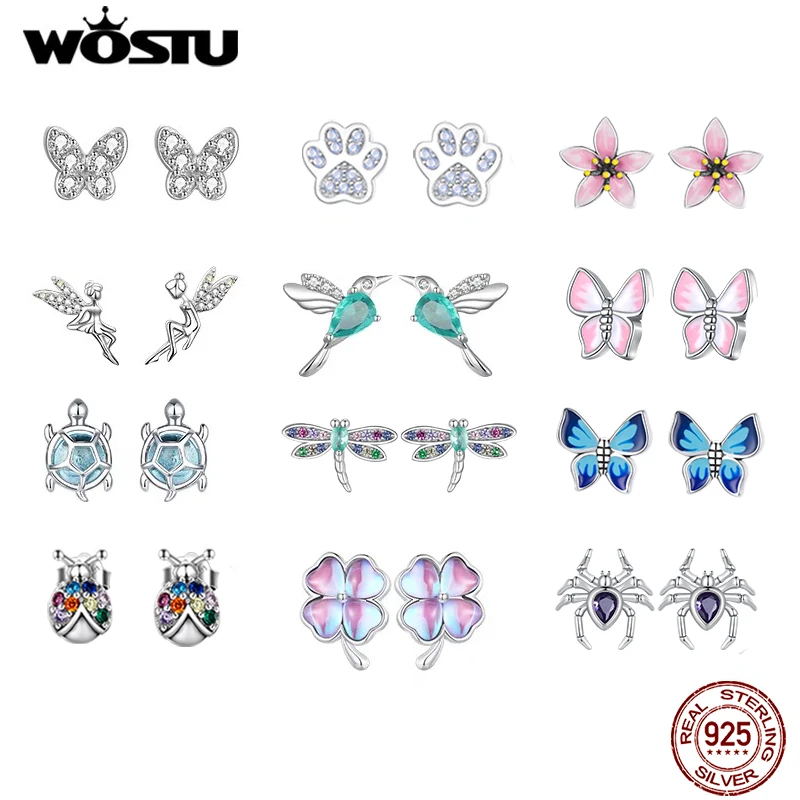 WOSTU 925 Sterling Silver Mini Flower Butterfly Bird Bee Stud Earrings Rainbow Moonstone Kitty Cat Ear Studs Girl Party Jewelry