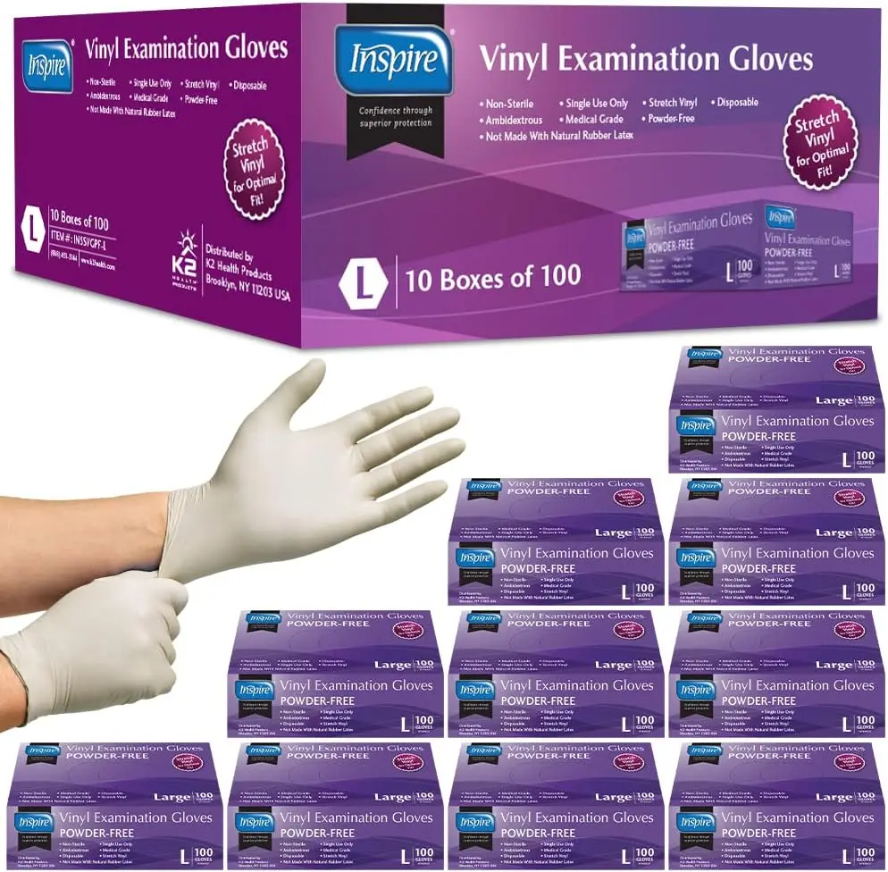 

Disposable Latex-Free Vinyl Gloves for Medical, Food Service, Cleaning - Large Size, 1000 Count