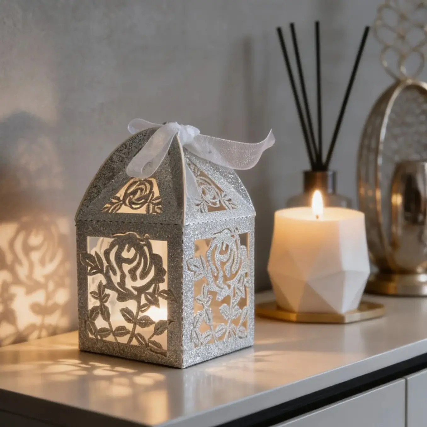 

10pcs Glitter Silver Laser Cut Wedding Favor Boxes,Gift Box with Ribbon,Rose Flower Souvenirs Gift for Guest Party Decoration