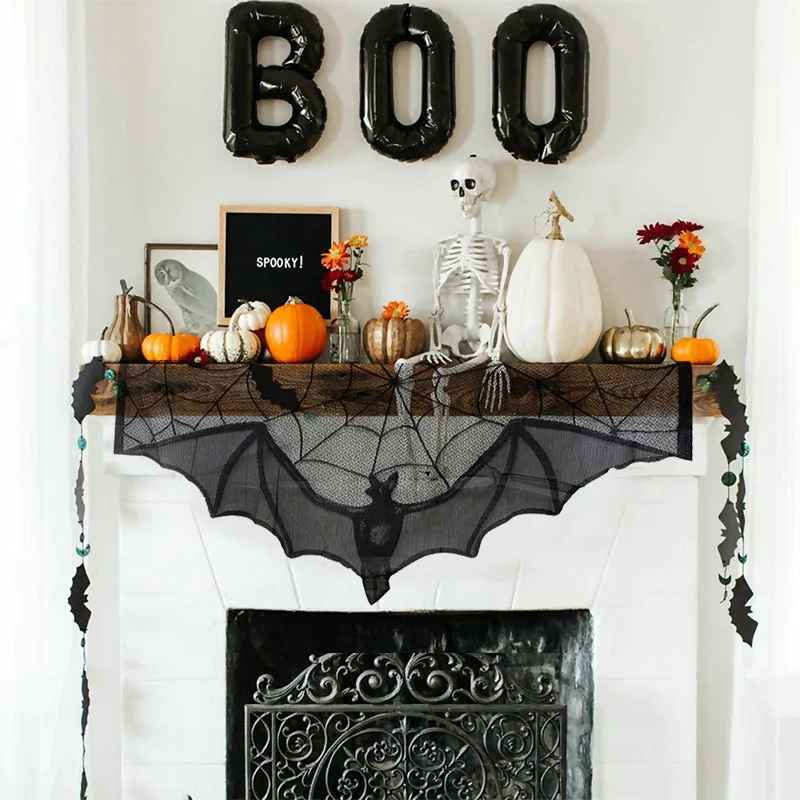 Halloween Bat Table Runner Black Spider Web Lace Tablecloth Fireplace Curtain for Halloween Party Home Decoration Horror Props