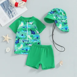 0-3T Baby Boys Swimsuit Set Summer Shark Print Short Sleeve Rash Guard and Swim Trunks and Hat Swimwear Beachwear