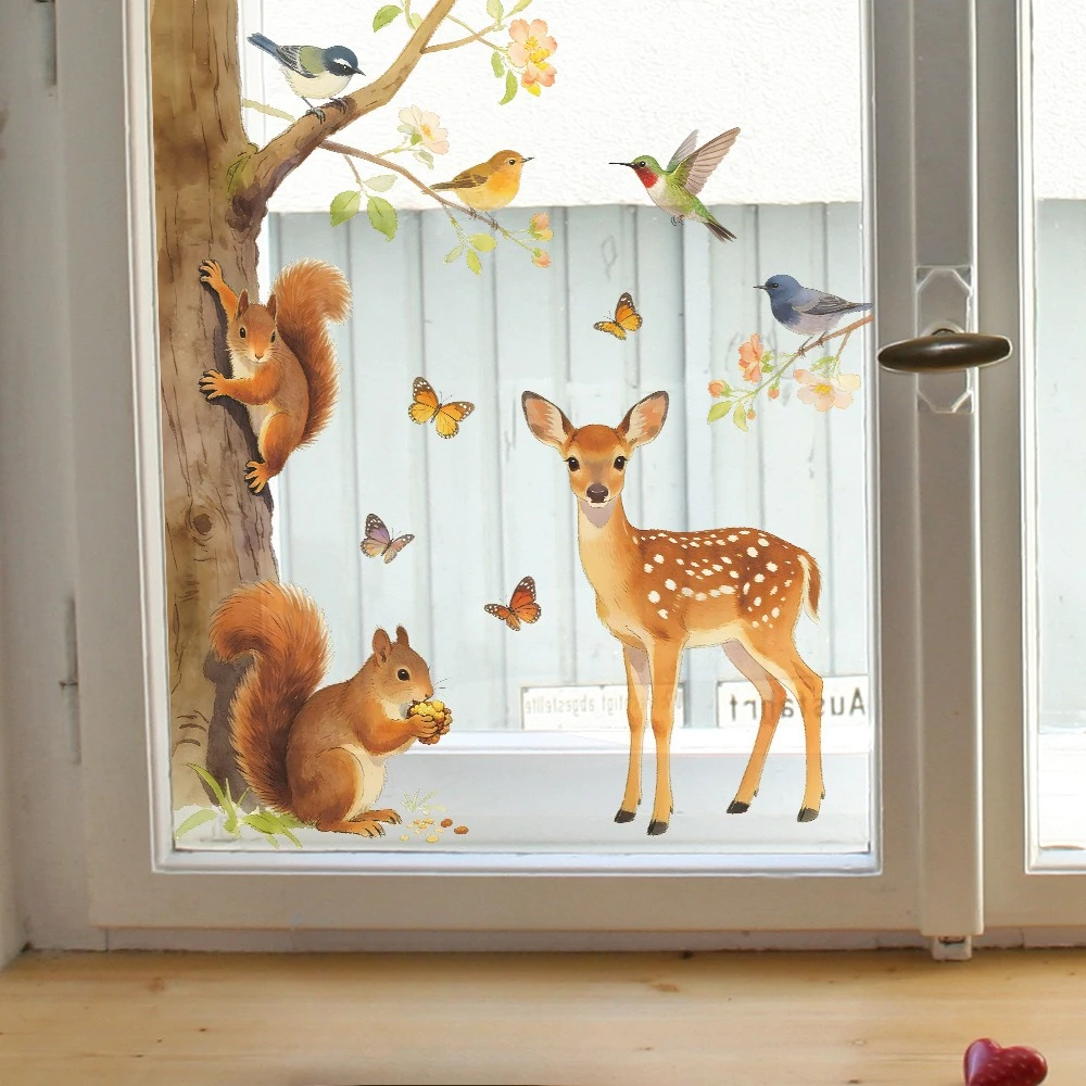 Waldtier-Fensteraufkleber Niedlicher Hirsch Eichhörnchen auf Ast Wandtattoo Abnehmbare Selbstklebende PVC-Wanddekoration Heim-Wandaufkleber