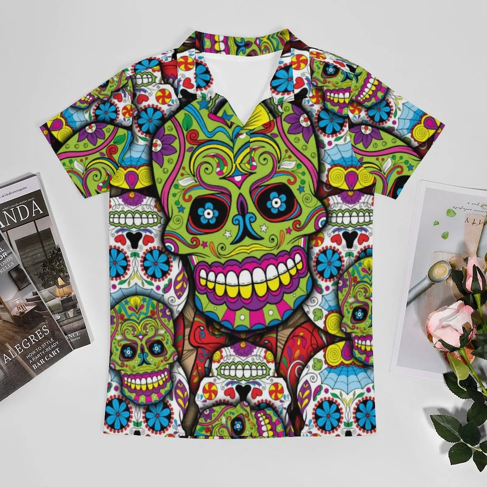 Floral Skull Print Casual Polo Shirts Sugar Skulls Pattern T-Shirts Short Sleeve Shirt Date Fashion Oversize Polo-Shirts Gift