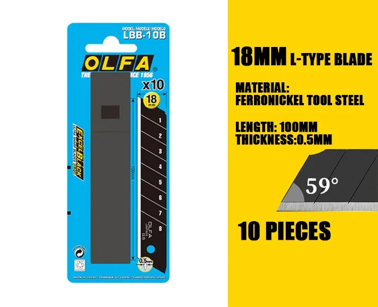 OLFA LBB-10B Spare Blades for Heavy-Duty Cutter Excel Black 10PCS 18mm Ultra Sharp Blade Utility Knife Accessories for L-2 L5-AL