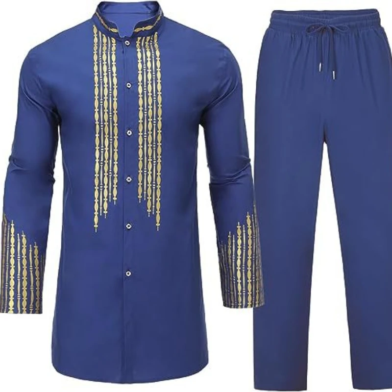 Men\'s African Men\'s Suit Bronzing Top and Trousers 2-Piece Set pakistan  muslim fashion  men arabic clothes  arab