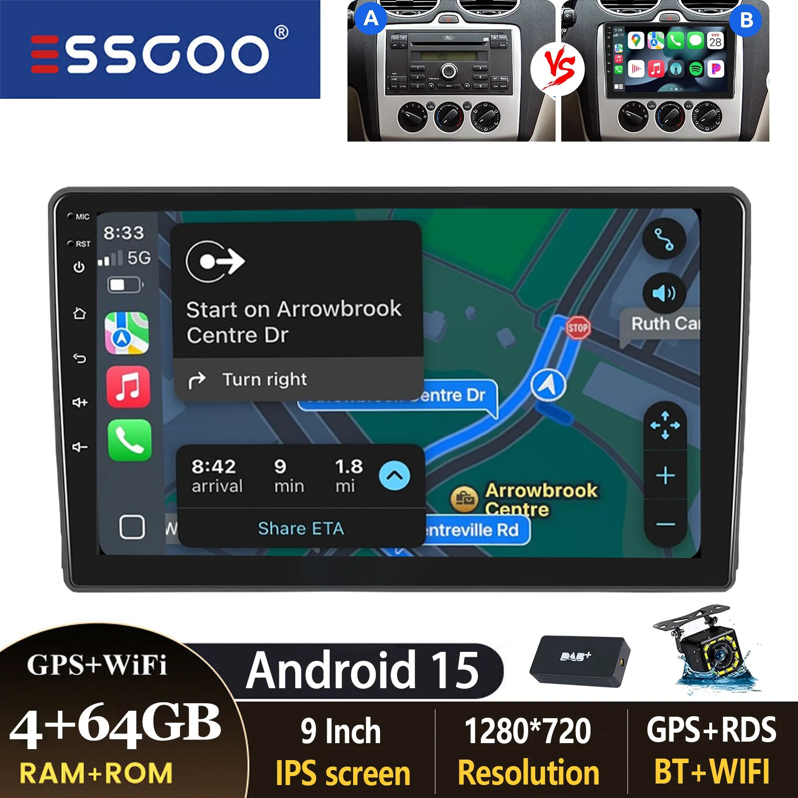 ESSGOO 9 inch autoradio voor Ford Focus MK2 Transit MK7 C-Max S-Max Kuga Galaxy Connect met Carplay, Android Auto, GPS, BT, FM, RDS en SWC