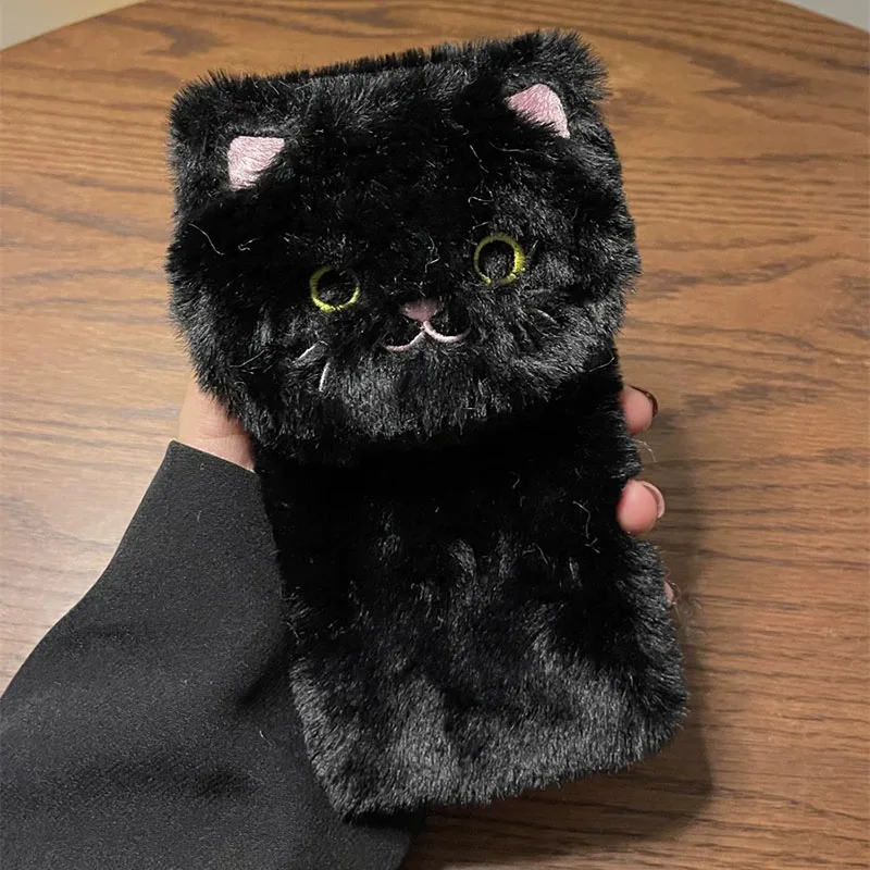3D Stickerei Katze Warme Plüsch Weiche Fall Für Samsung Galaxy S25 Rand S24 Ultra A06 A16 A26 A36 A56 A05 a15 A25 A35 A55 Abdeckung Stehen