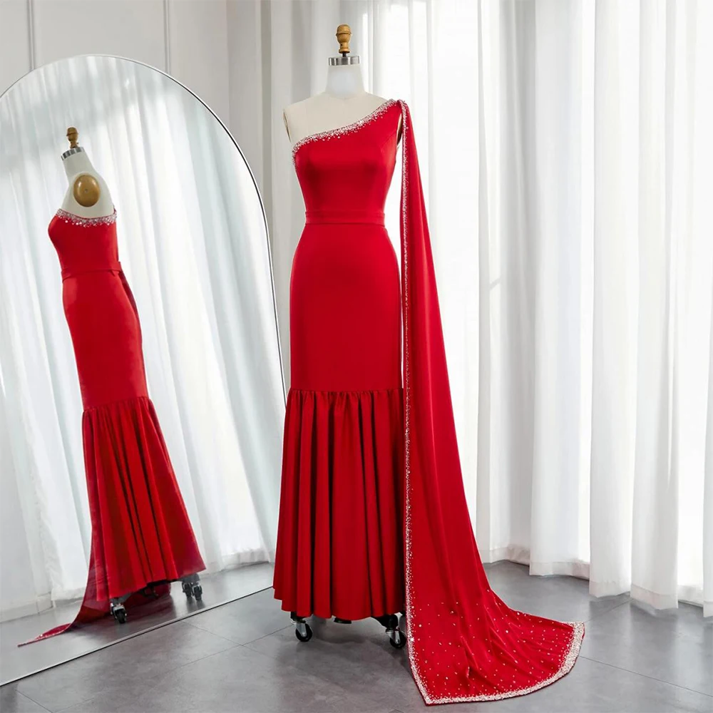 DRESS FORU Red Elegant Evening Dresses Jersey for Floor-Length One-Shoulder Watteau Train Prom Dress Mermaid Crystal Customized