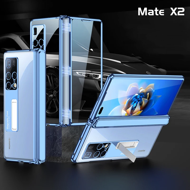 

10pcs DHL Magnetic Transparent Case For Huawei Mate X2 Kickstand Bracket Stand Holder Built-in Tempered Glass Leather Fold Cover