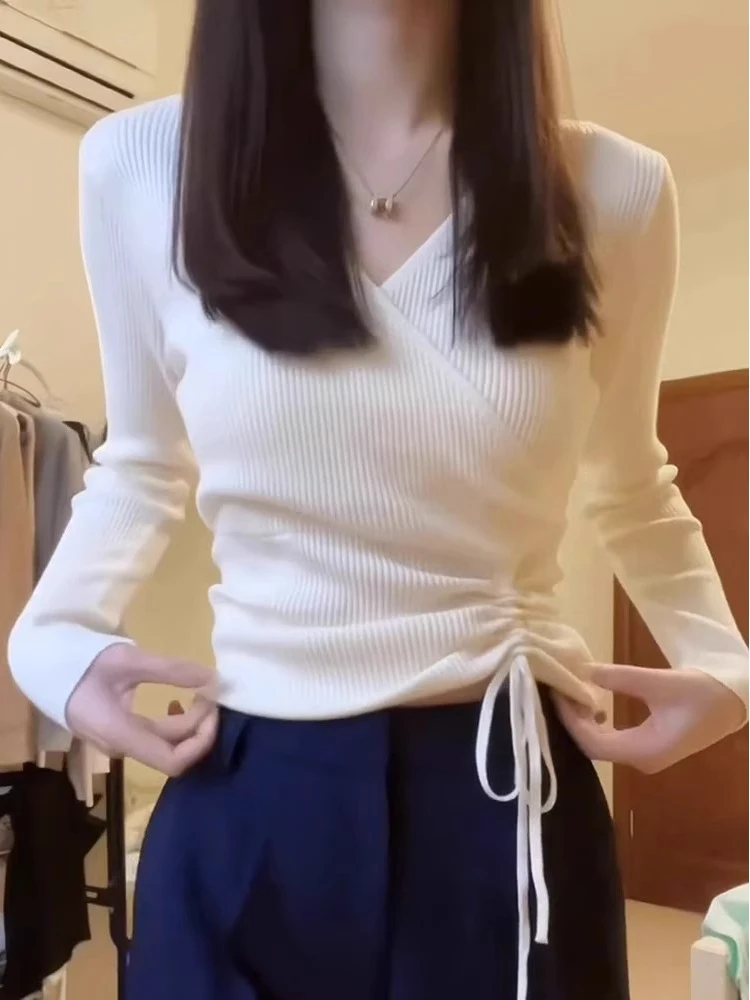 

White Long Sve V-Ne Knitted irt Early Autumn Base Layer High Waist Unique Beautiful ort Sle Trendy Inner Wear Top