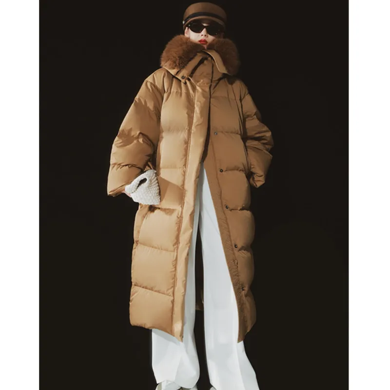 Women Thicken Long Parker Down Coat 2024 Winter New Flip Collar White Goose Down Long Overcoat Windproof Rainproof Female Parkas