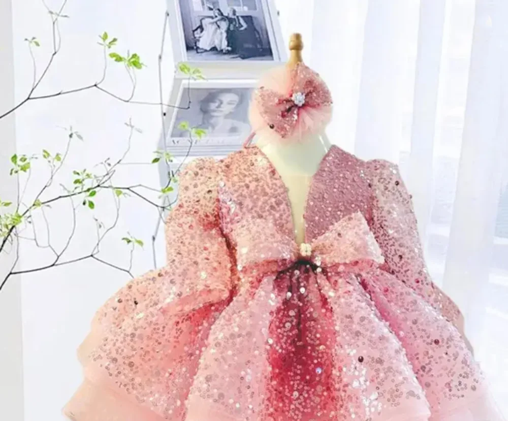 Customized Gold Flower Girl Dresses For Wedding Sequins Full Sleeves With Bow Holy Children First Communion Photo Shoot Gown