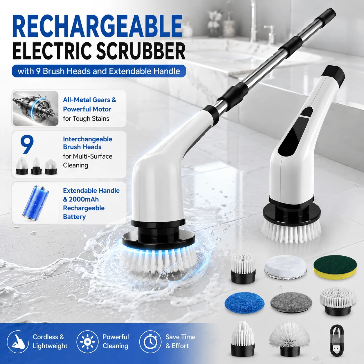 Electric Scrubber Rechargeable Cleaning Brush With Extendable Handle 9 Brushes For Bathroom Kitchen Car Tile Grout Cleaner