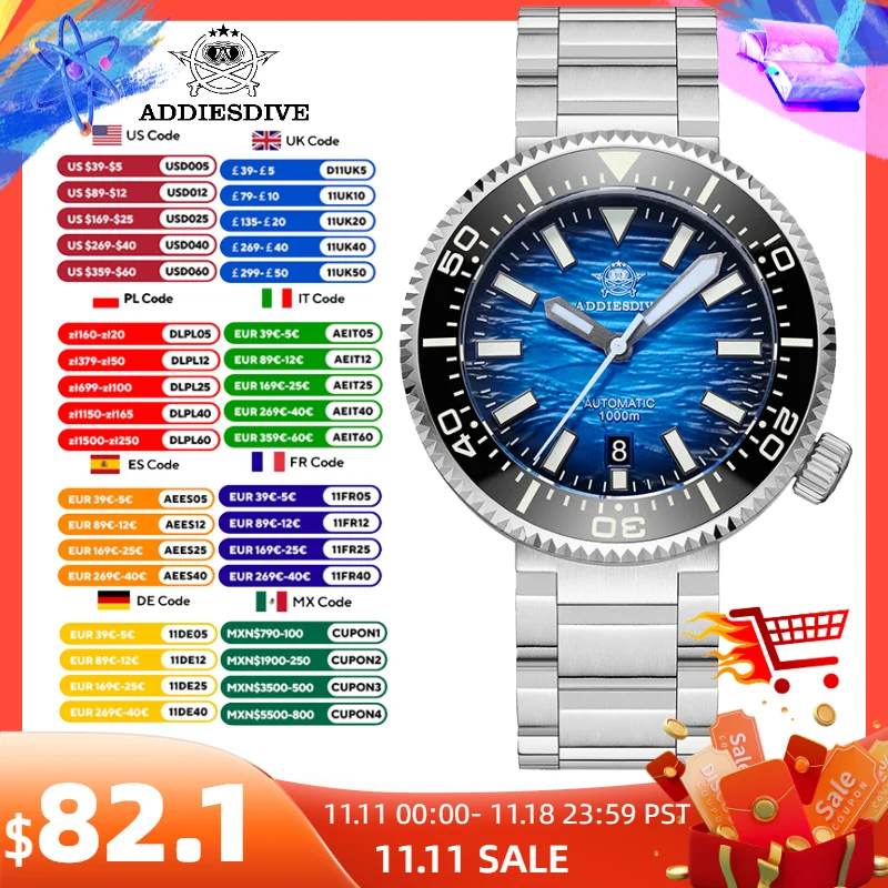 

ADDIESDIVE 46mm New Dive Watch 3D Wave Ripple Dial NH35 Automatic Mechanical Men Watch Sapphire Waterproof 1000m Diving Luminous