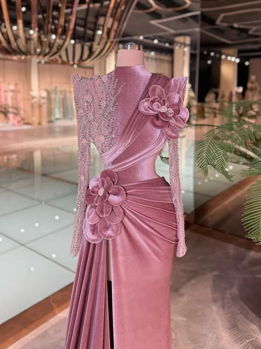 

Popular Velvet Evening Dress Romantic Round Neck 3D Flower Evening Gown Charming A Line Floor Length Party Gown Customized