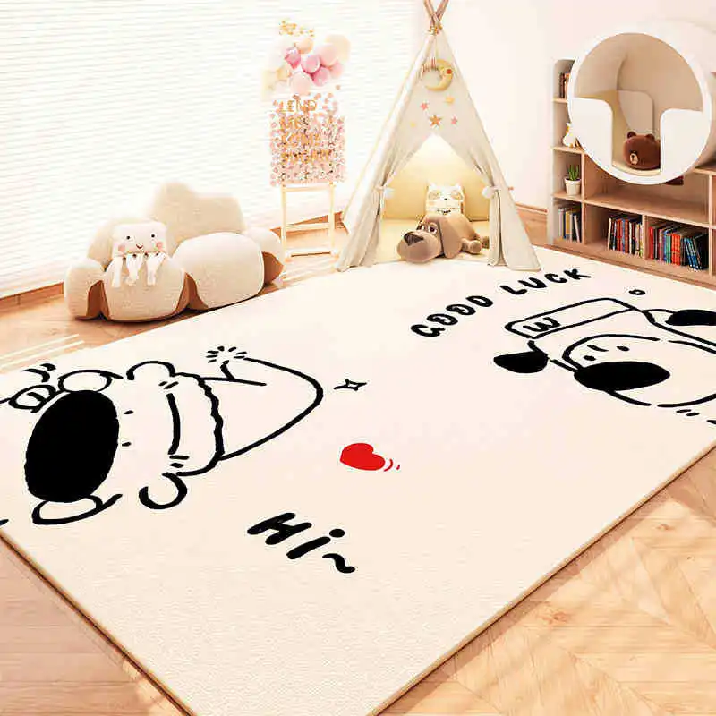 VIKAMA Line Art Cartoon Dog Kids Rug, Good Luck Cute Puppy Play Mat, Non Slip Washable Soft Crystal Velvet Rug for Bedroom