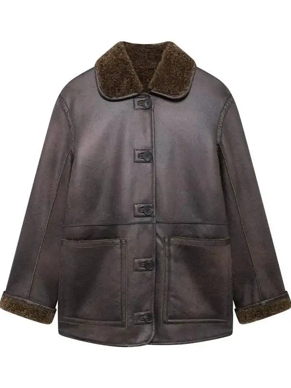 Autumn Winter New Sle Women's High-End Warmth Double-Sided Wear Faux Leather Fce Loose Outerwear 638248