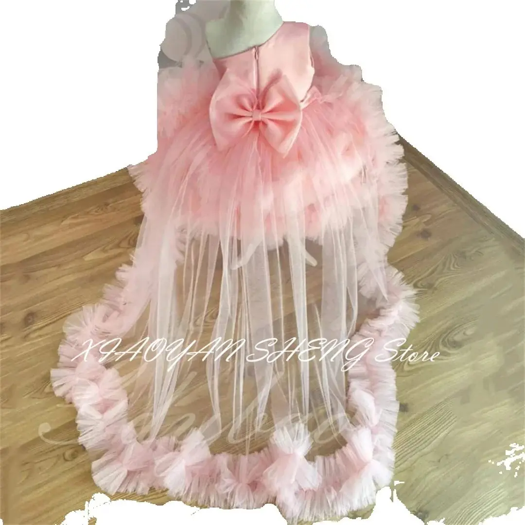 Vestido rosa plisado de flores para niña, para boda, volantes, tul, hinchado hasta la rodilla, con cola, desfile, elegante vestido de fiesta de cumpleaños para niño