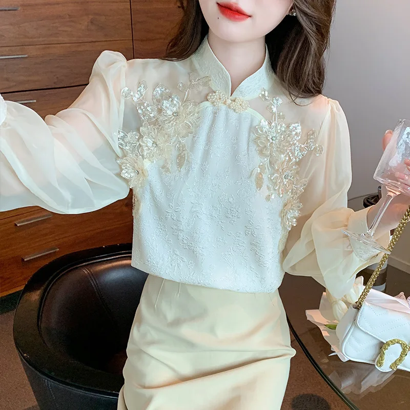 #2577 Chinese Style Vintage Blouse Femme Stand Collar Split Joint Chiffon Long Sleeve Blouse Women Sexy Thin Sequined Flower