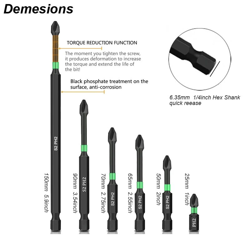 Impact Batch Strong Magnetic Screwdriver Bits Anti Non Slip Tip 1/4 Hex Shank PH2 Magnet Head Phlippes Cross Screw Driver Set