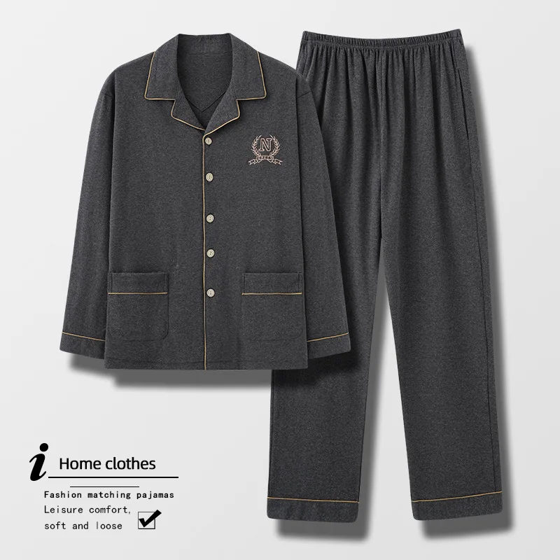 

Four Seasons Men Pajamas Youth Cotton Long-sleeved Long Pants Thin Cardigan Large Size Home Wear Suit Middle-aged Loose Pajamas