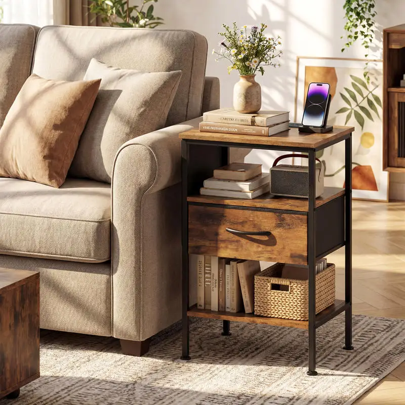 Nightstand with Charging Station 24.5 inch Modern Bedside Table with Fabric Drawer-Rustic Brown