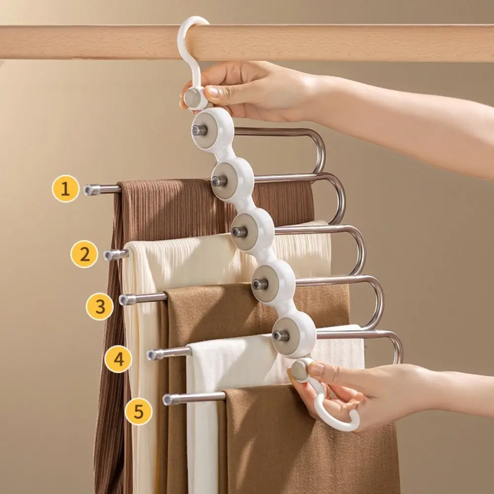 Stainless Steel 5 In 1 Trouser Rack Hanging Reusable Multi-Layer Trousers Hanger Non-Slip Moveable Folding Pants Rack Bedroom