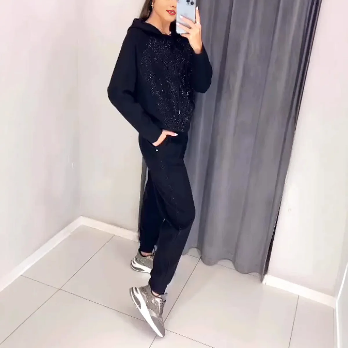 Sweatpants Suit Womens Set Fashion Diamonds Patchwork Hoodies Autumn Long Sleeve Two Piece Outfits Winter Sportwear Tracksuits