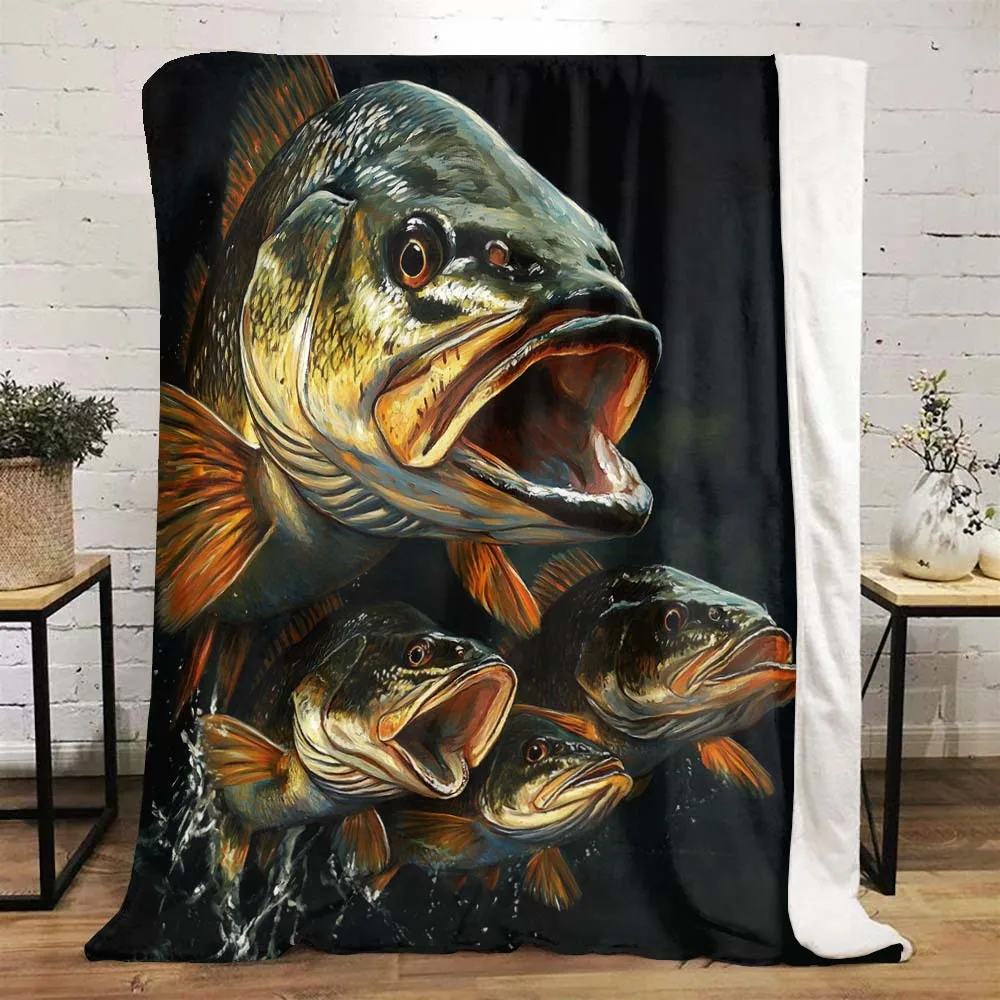 Large Fish Painting Throw Blanket Home Decor Gift Nautical Fishing Man Cave Art Blanket for Fisherman Aquatic Bedroom Cover