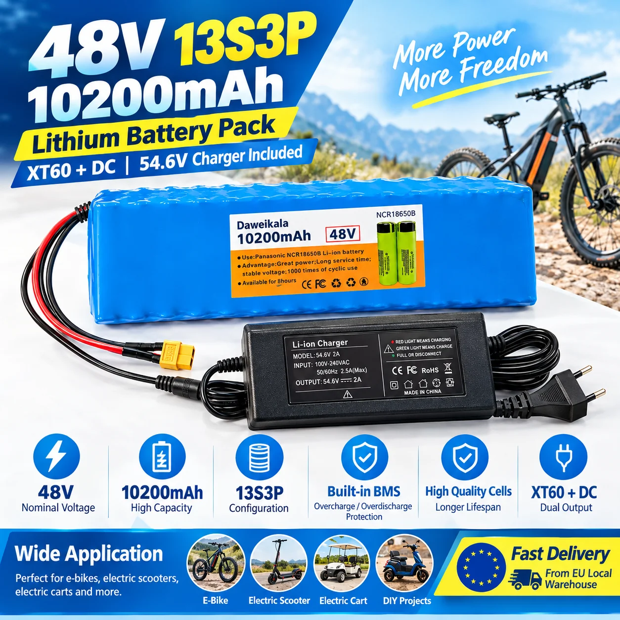 Batteria agli ioni di litio 48V 13S3P 10200mAh NCR18650B con caricabatterie, Interfacce di uscita: XT60+DC o T+DC, Adatta per biciclette elettriche, monopattini elettrici, sedie a rotelle, tosaerba,