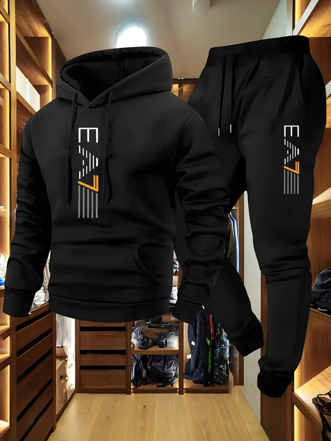 Wide Shoulder Mens Tracksuit Hooded Long Sleeve Sweatshirt Elastic Cuff Pants Gym Daily Commute Multi-scene All Season Wear