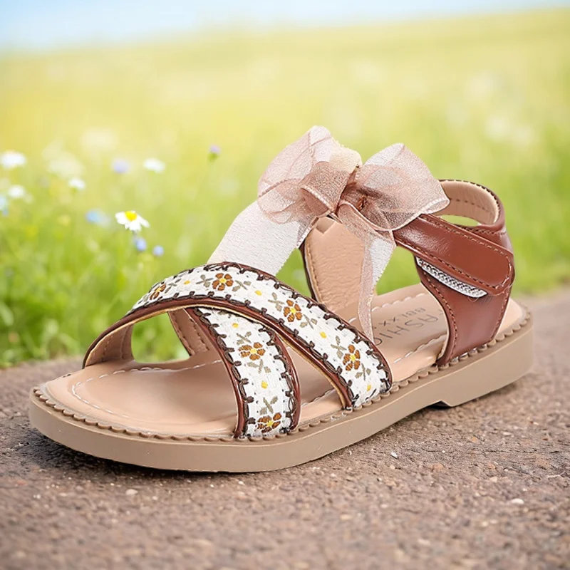 Children's Sandals Primary School Open Toe Sandals 2025 Spring/summer Cute Mesh Bow Princess Flower Sandals