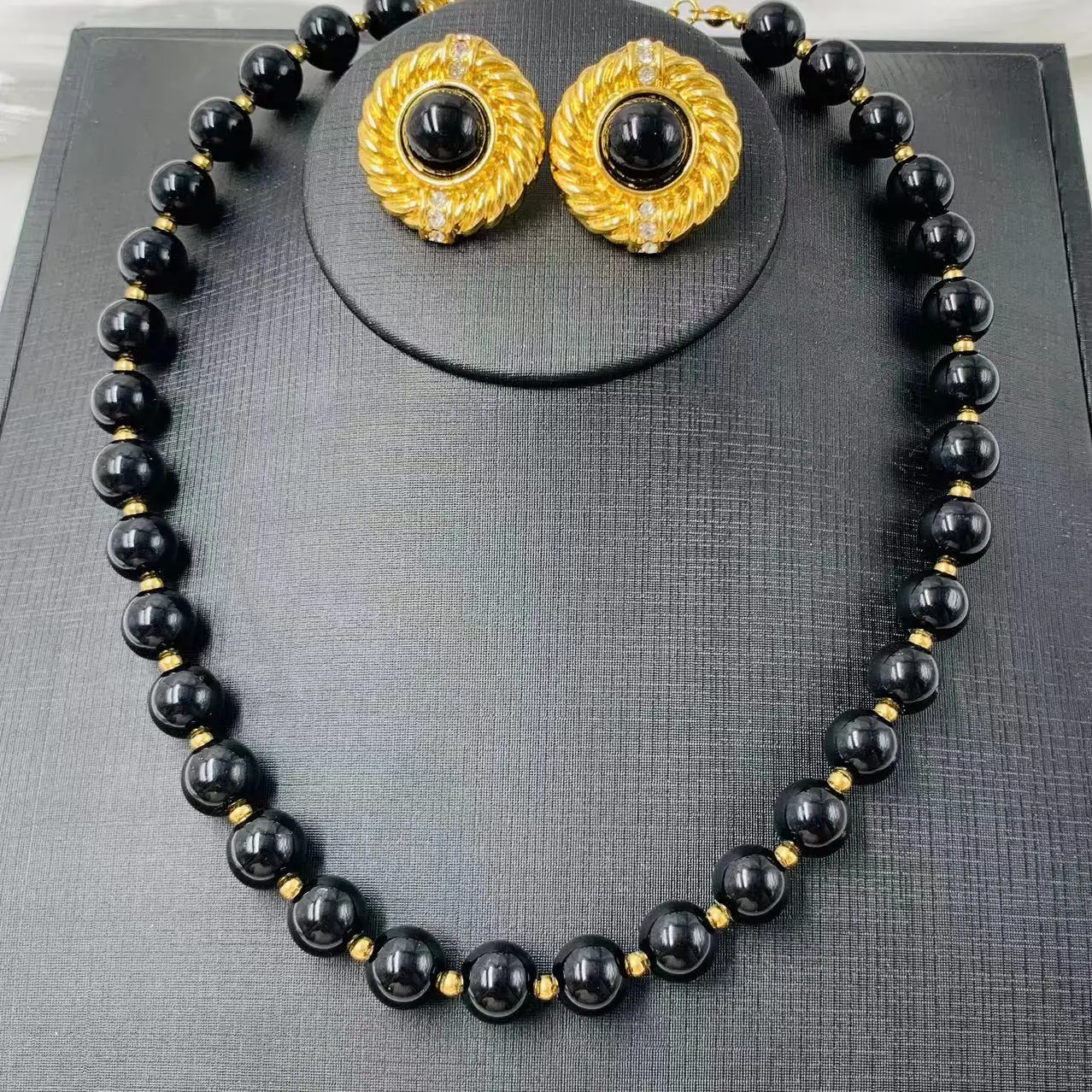 New Fashion Vintage Black Onyx Necklace Earring Two-Piece Set Woman Jewelry Set Dress Banquet Accessories High-Quality