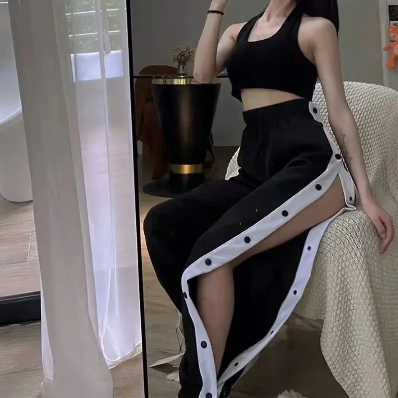 

Женские брюки-разрыв, студенческие спортивные повседневные свободные брюки с боковой грудью, баскетбольные брюки с открытыми пуговицами, модные брюки