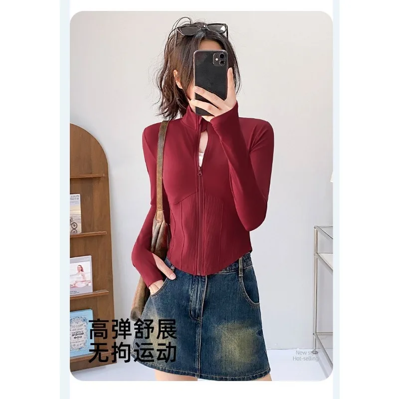 Women's Zip Up Yoga Jacket Slim Fit Long Sleeve Stand Collar Workout Coat for Pilates Running Training