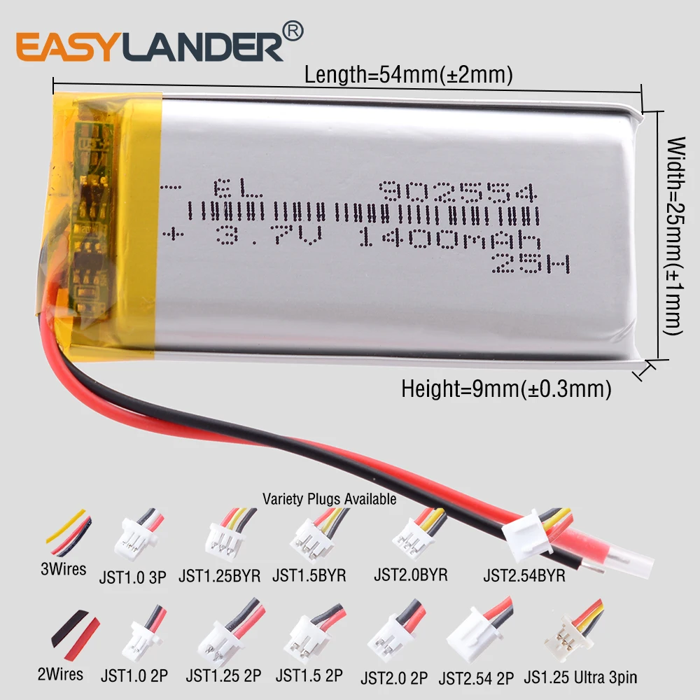 JST2.0 2P/JST2.0 3P 902554 3.7V 1400mAh بطارية ليثيوم أيون بوليمر قابلة للشحن بطاريات ليبو